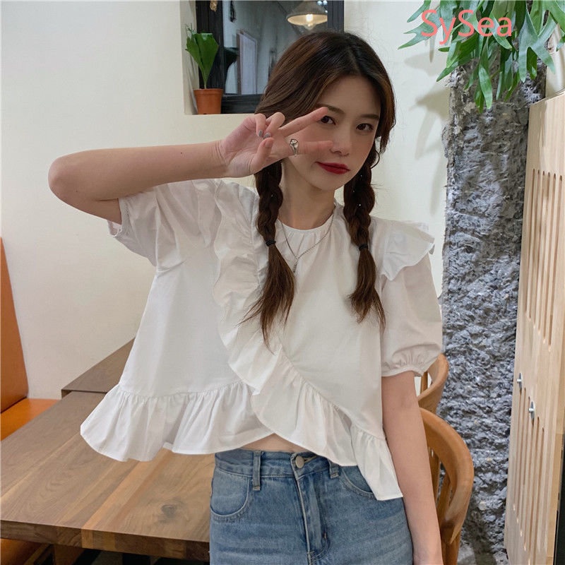 Áo Kiểu Tay Phồng Dáng Rộng Phối Bèo Kiểu Hàn Quốc Dễ Thương Cho Nữ