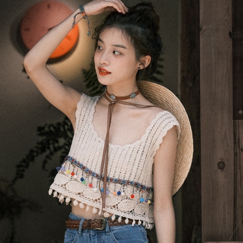 Áo Dệt Kim Sát Nách Màu Trơn Phối Ren Dễ Thương Cho Nữ