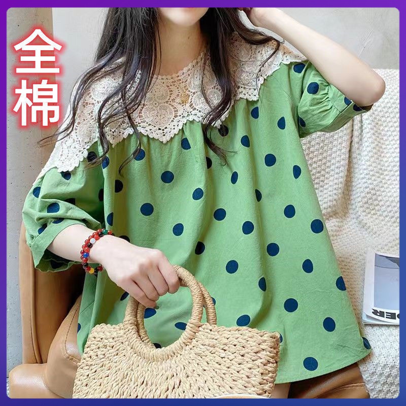 Áo Sơ Mi Tay Lửng Phối Ren Họa Tiết Chấm Bi Phong Cách Hàn Quốc Ngọt Ngào Cho Nữ