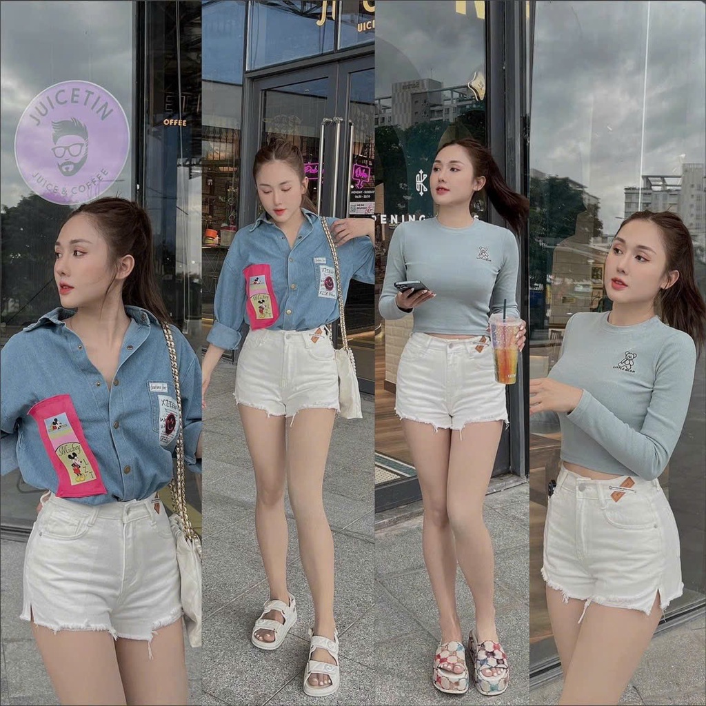 Quần Sọt Jean Nữ Mẫu Rách Tua Lai Lưng Đính Tag Chéo Hàng Jean Cotton