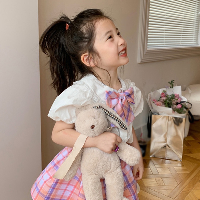 Bộ Khung Đồ Chơi Cho Bé❤Bộ Áo Sơ Mi Tay Phồng Màu Trơn + Chân Váy Cổ Búp Bê Họa Tiết Kẻ Sọc Thời Trang Mùa Hè Hàn Quốc Cho Nữ