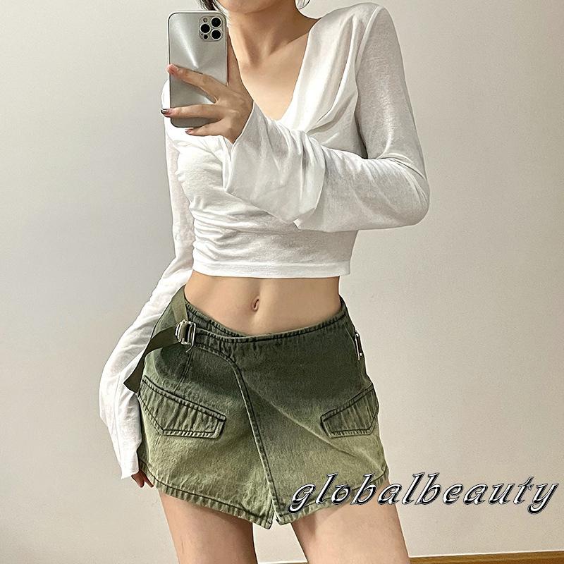 Áo Croptop Mỏng Tay Dài Màu Trơn Có Nón Phía Trước Phong Cách Đường Phố Cho Nữ