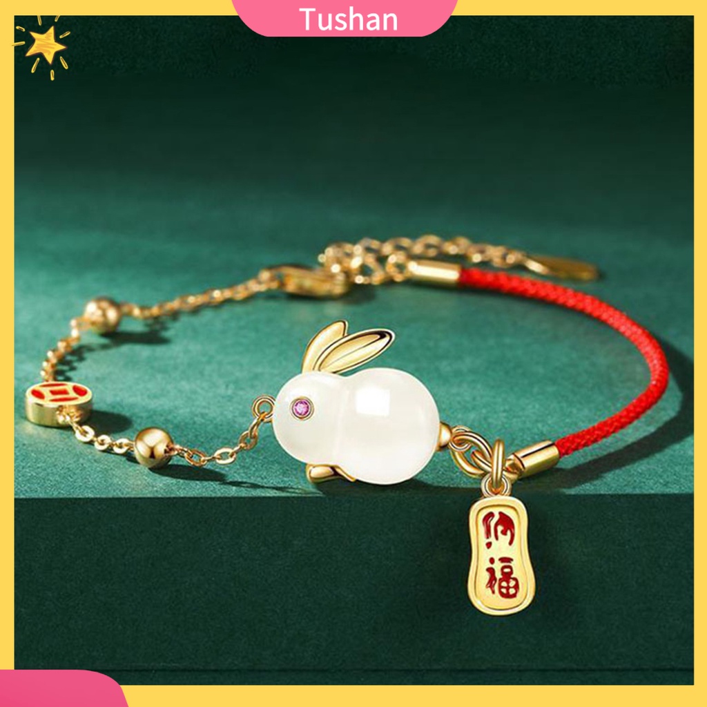 Vòng Đeo Tay Nửa Dây Mặt Hình Thỏ Ngọc Bích Giả Phong Cách Trung Hoa Cho Nữ