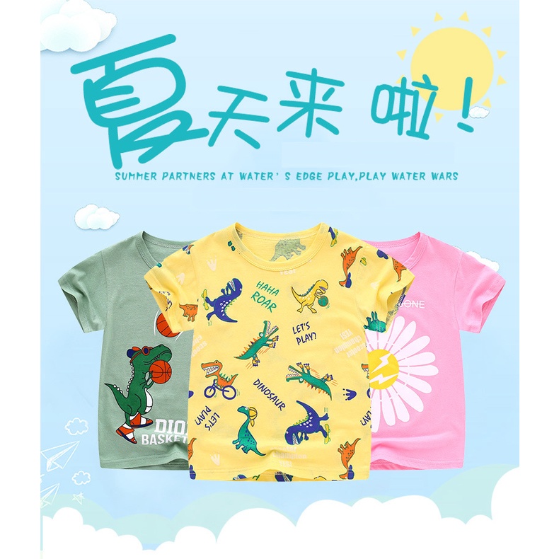 Áo Thun Cotton Ngắn Tay Cổ Tròn In Họa Tiết Hoạt Hình Phong Cách Hàn Quốc Cho Bé 80-150cm