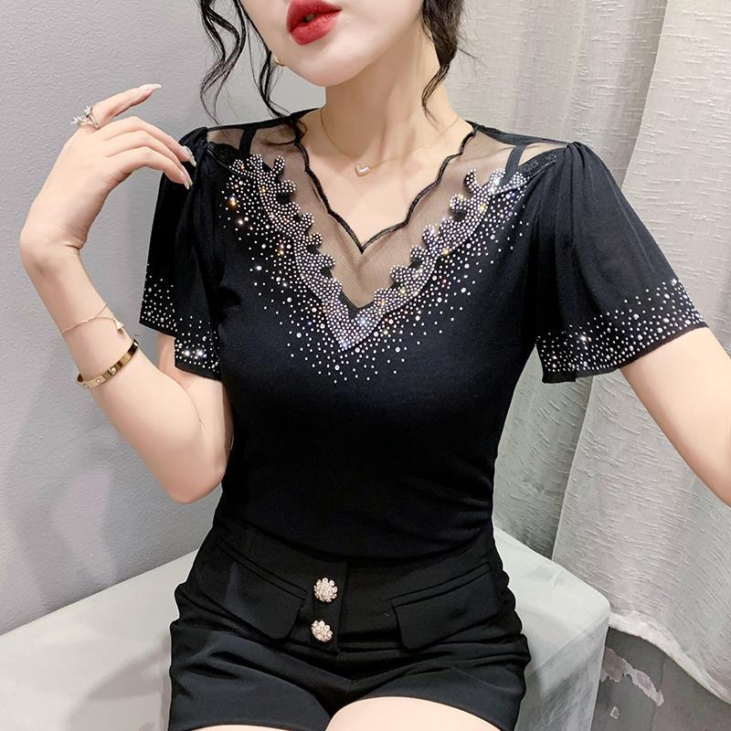 Áo Thun Ngắn Tay Phối Bèo Đính Đá Thời Trang Cho Nữ áo kiểu trễ vai áo lưới dài tay