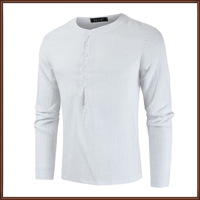 Áo Sơ Mi Cotton Lanh Cổ Tròn Tay Dài Màu Trơn Thời Trang Mùa Hè Cho Nam Giới