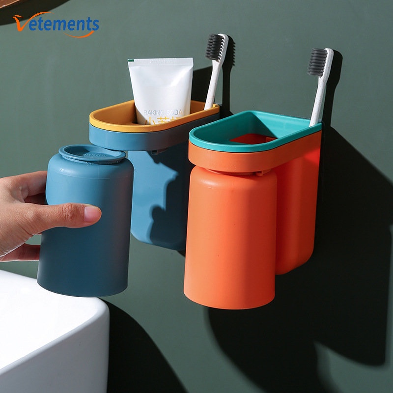 1 Bộ Giá Đỡ Bàn Chải Đánh Răng / Cốc Súc Miệng Gắn Tường Không Cần Đục Lỗ Chống