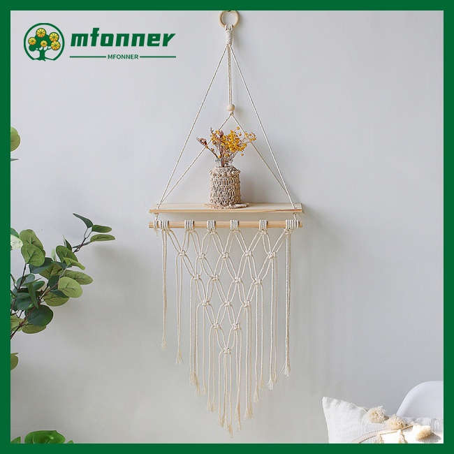 Kệ Treo Tường Bằng Gỗ Thông Kèm Dây Thừng Cotton Dệt Tay Đơn Giản Trang Trí Nhà Cửa