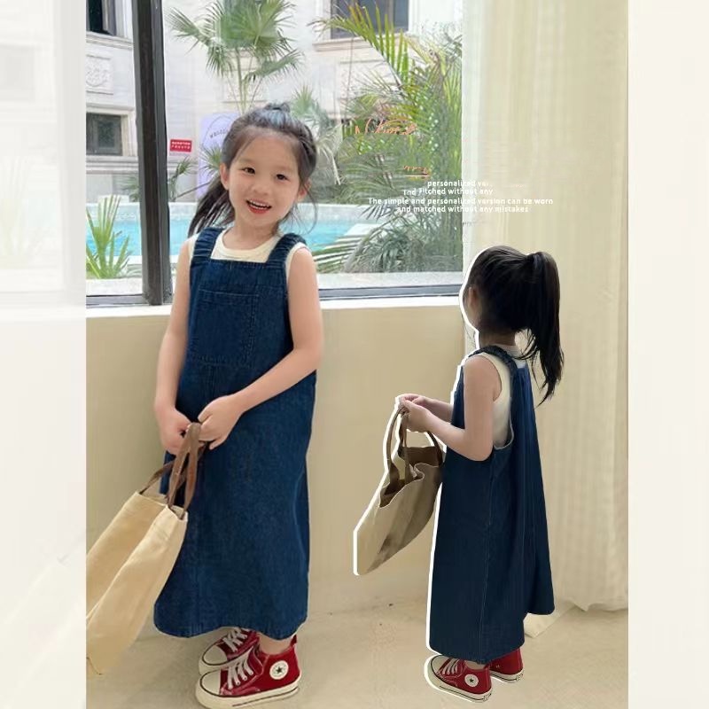 Hàng Có Sẵn & Miễn Phí Vận Chuyển Đầm Denim Không Tay Mùa Hè 2023 Phong Cách Nhật Bản Đơn Giản Có Túi Dài Hẹp