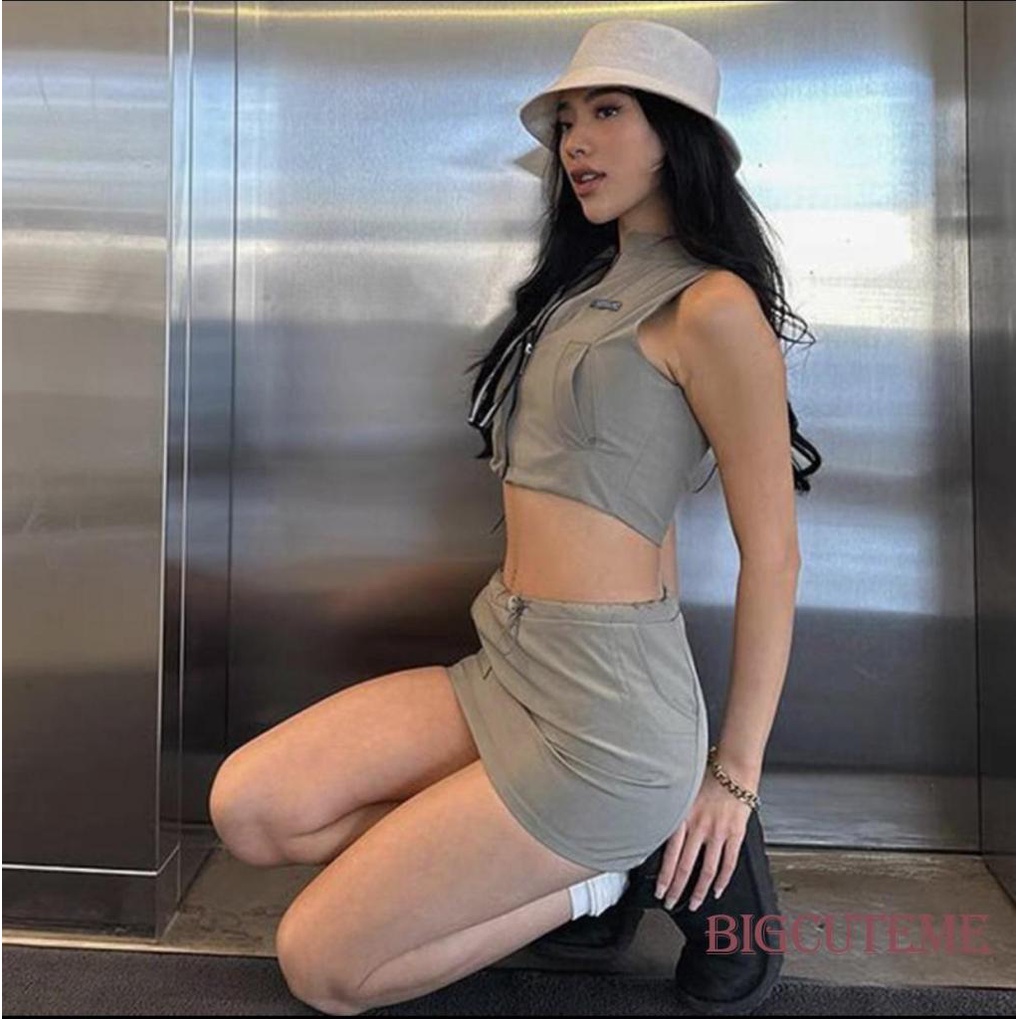 [] - Set Áo Không Tay Có Khóa Kéo + Chân Váy Ngắn Hàng Hiệu Thời Trang Mùa Hè Cho Nữ