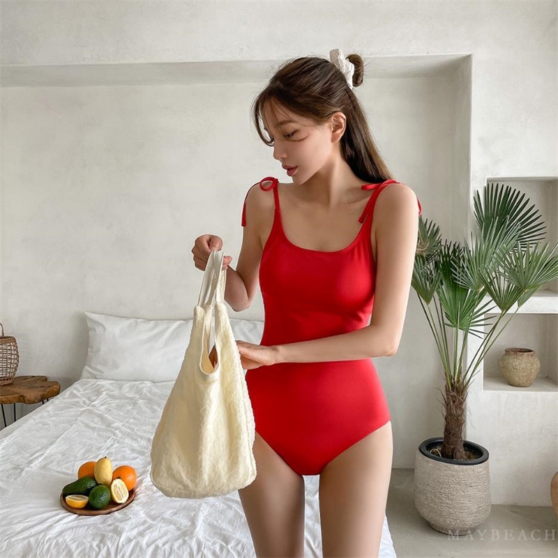 Bộ Đồ Bơi Một Mảnh Màu Trơn Hai Dây Phong Cách Hàn Quốc Gợi Cảm Cho Nữ