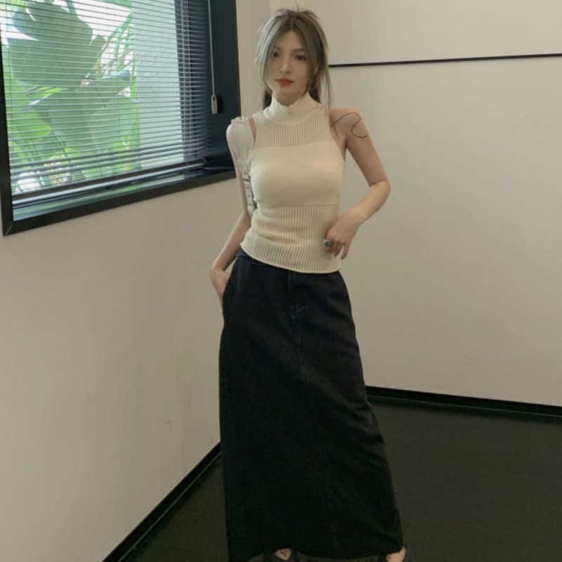 COZOK Áo Dệt Kim Sát Nách Cổ Cao Phối Lưới Quyến Rũ Cho Nữ