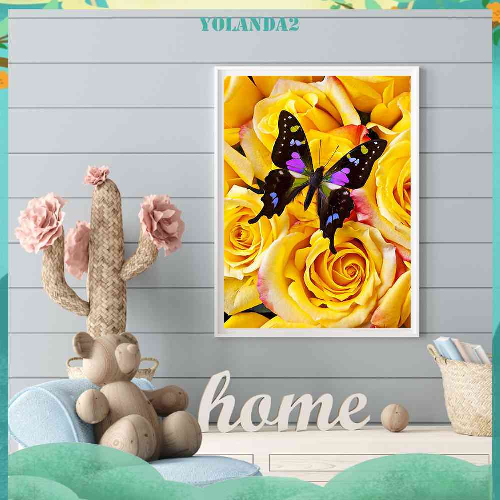 Bộ Tranh Đính Đá 5D Tự Làm Toàn Diện Hình Bướm Và Hoa Hồng Vàng Trang Trí Tường