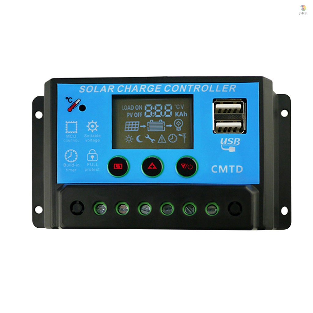 Bộ Điều Khiển Sạc Năng Lượng Mặt Trời Hai Cổng USB 20A 12 / 24V Màn Hình LCD