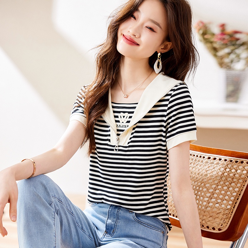 Áo Thun Ngắn Tay Cổ Thủy Thủ Họa Tiết Kẻ Sọc Thời Trang Mùa Hè Hàng Mới 2023 Dành Cho Bạn Nữ