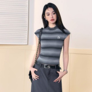 COZOK Áo Thun Dệt Kim Ngắn Tay Cổ Cao Họa Tiết Kẻ Sọc Cầu Vồng Thời Trang