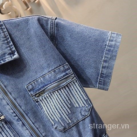 Quần Short Yếm Denim Mỏng Lưng Thun Phối Khóa Kéo Đính Kim Sa Lấp Lánh Thời Trang Xuân Hè 2023 Cho Nữ