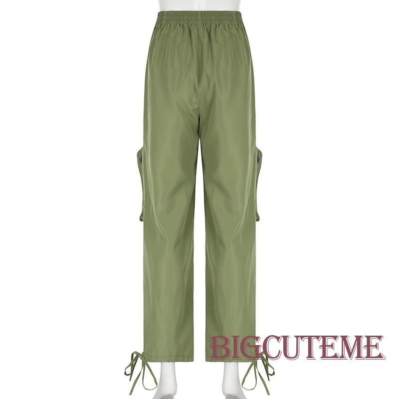 [] - Quần Ống Rộng Dây Rút Nhiều Túi Màu Trơn Giản Dị Dành Cho Nữ Màu Xanh Lá / Nâu