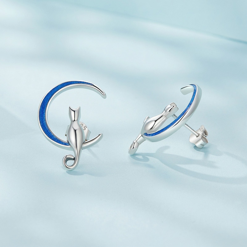 BAMOER Bông Tai bạc 925 HìNh MèO MặT Trăng SCE1609