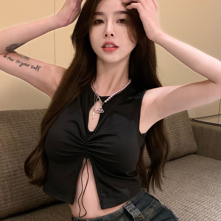 COZOK Áo Hai Dây Dáng Ngắn Form Ôm Thiết Kế Xếp Ly Cột Dây Quyến Rũ