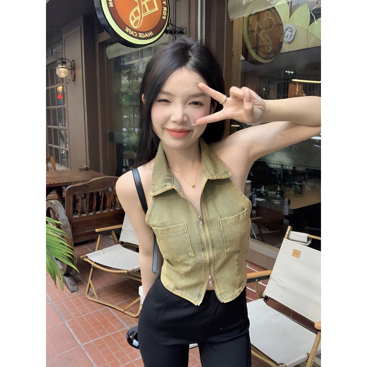 Áo baby tee Thun croptop Denim Không Tay Cổ polo Lưng Ngắn Phối Khóa Kéo Thời Trang Dành Cho Nữ