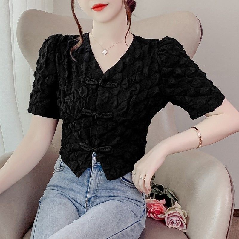 Áo Sơ Mi Tay Ngắn Phồng Màu Sắc Đơn Giản Phong Cách Retro