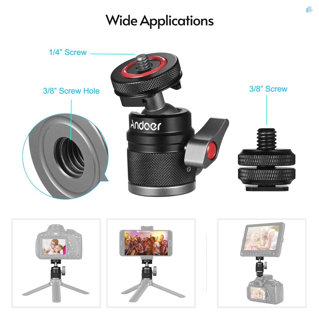ANDOER Bộ Chuyển Đổi Đầu Bi Mini 3600 Độ Chuyên Dụng Cho Giày° Ốc Vít Hợp Kim Nhôm Xoay Được 1 / 4 Inch &amp; 3 / 8 Inch Gắn Màn Hình Máy Ảnh / Đèn LED / Micro