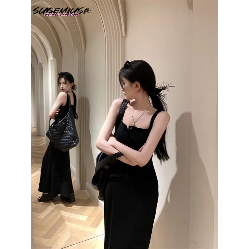Sugemiusi Đầm Dài Dáng Chữ a Không Tay Cao Cấp Màu Đen Trơn Phong Cách Mùa Hè Mới Cho Nữ
