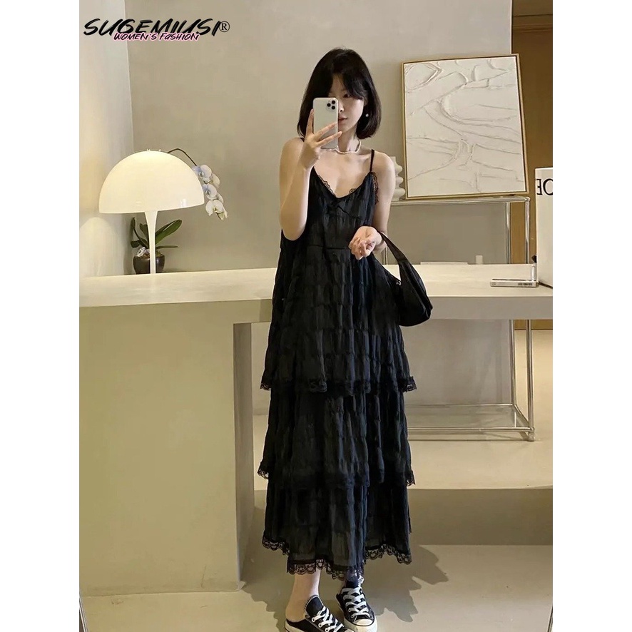 Sugemiusi Đầm Tầng Hai Dây Phối Ren Phong Cách Hàn Quốc Thời Trang Mùa Hè Mới