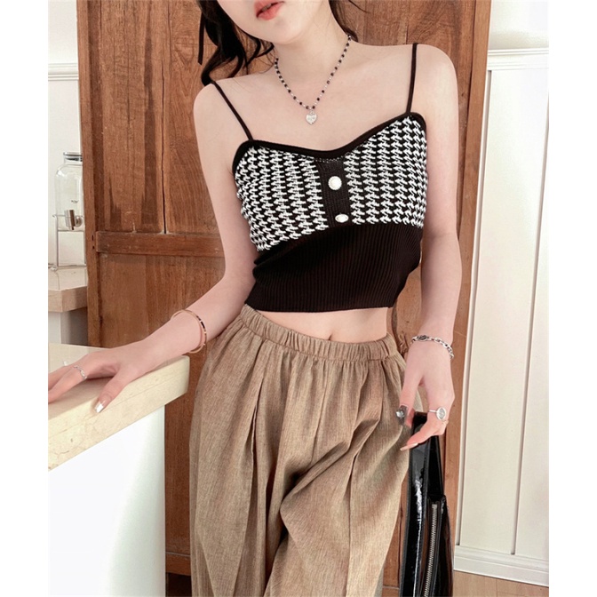 NZN Áo Hai Dây Dệt Kim Sọc Ca Rô Phong Cách Hàn Quốc Xinh Xắn Cho Nữ