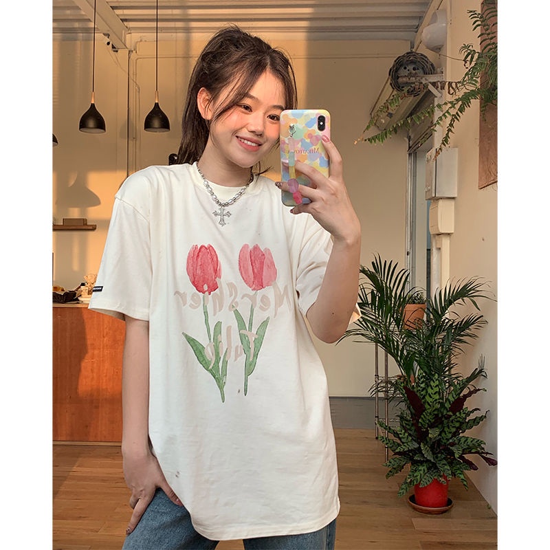 COZOK Áo Thun Ngắn Tay Dáng Rộng In Hình Hoa tulip Thời Trang