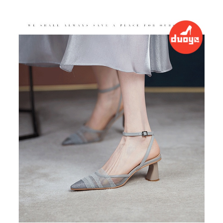 Giày Sandal Cao Gót Mũi Nhọn Phối Lưới Phong Cách Mới Mùa Hè Cho Nữ
