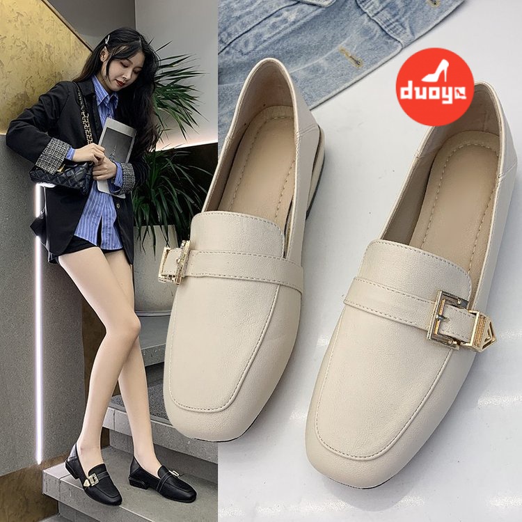 Duoya Giày Lười Da Mềm Gót Thấp Mũi Vuông Phong Cách Anh Quốc 2022 Cho Nữ