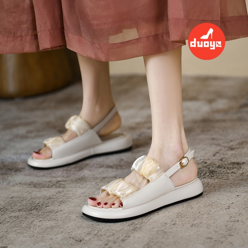 Duoya Tóc Thẳng ~ [Hàng Có Sẵn] Giày Sandal Hở Ngón Đế Phẳng Dây Da Mềm Nhẹ Nhàng Sợi Lưới Dày Mùa Hè Shipping Cho Nữ