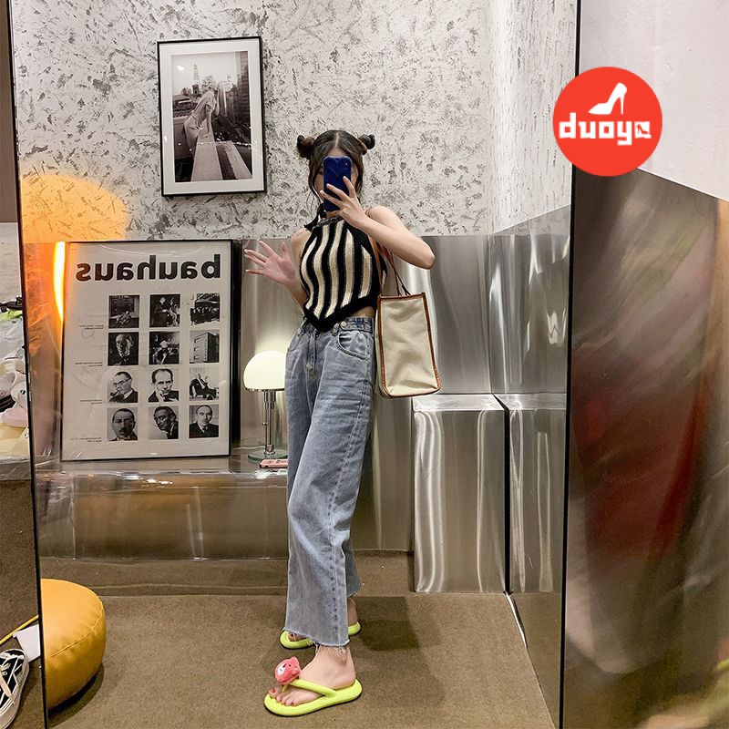 Duoya Tóc Thẳng ~ [Hàng Có Sẵn] Dép Xỏ Ngón Đi Biển Mùa Hè Dày Dặn Họa Tiết Gấu Dâu Tây Dễ Thương Cho Nữ Giao Hàng Miễn