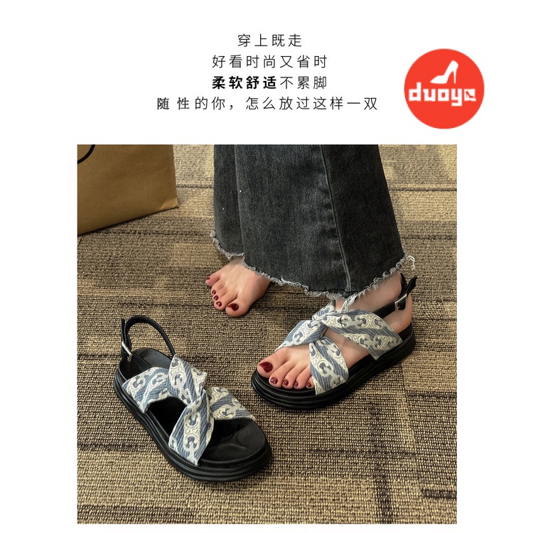 Duoya Tóc Thẳng ~ [Hàng Có Sẵn] Giày Sandal Đế Dày Quai Chéo Dễ Phối Đồ Phong Cách Roman Cho Nữ Miễn Phí Vận Chuyển