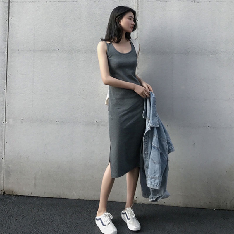 Kayna Đầm Hai Dây Mỏng Lưng Cao Xẻ Tà Màu Đen Gợi Cảm Mới Cho Nữ