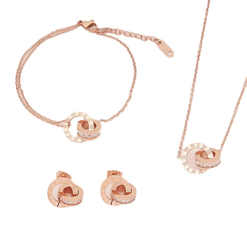 Bộ Trang Sức Vòng Cổ / Vòng Tay / Khuyên Tai Bằng Thép Không Gỉ Màu Vàng Hồng Đính Kim Cương Thời Trang