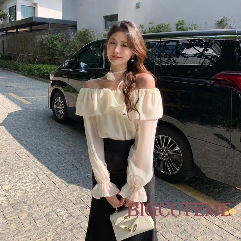 Set Áo Trễ Vai Xuyên Thấu Dài Tay + Vòng Cổ Hoa Thời Trang Dành Cho Nữ