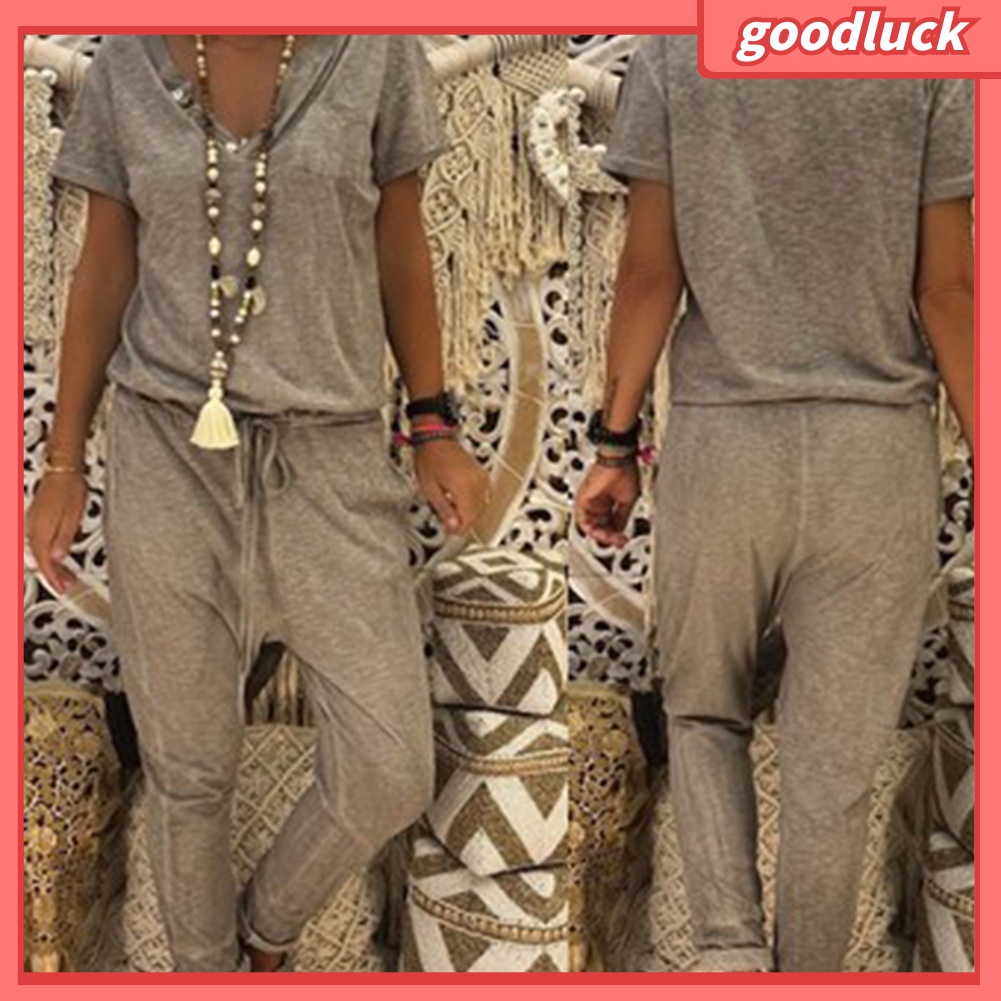 Áo liền quần Tay Ngắn Cổ Chữ V Màu Sắc Thanh Lịch