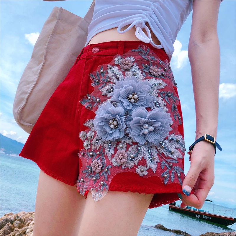 Quần Short Denim Lưng Cao Size Lớn Đính Hạt Phong Cách Hàn Quốc