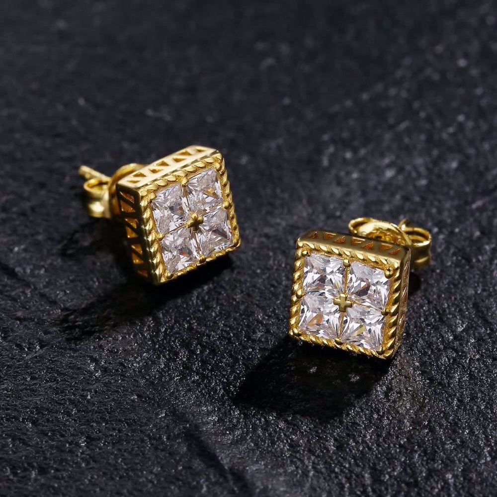 Khuyên Tai Mạ Vàng Đính Đá Zircon Hình Vuông Đơn Giản Phong Cách Hip Hop Cho Nam OHE150