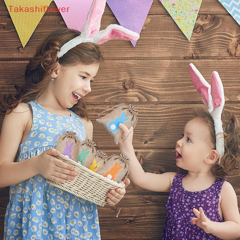 Set 6 / 24 Túi Đựng Bánh Kẹo Bằng Vải Lanh Họa Tiết Thỏ Phục Sinh Dễ Thương