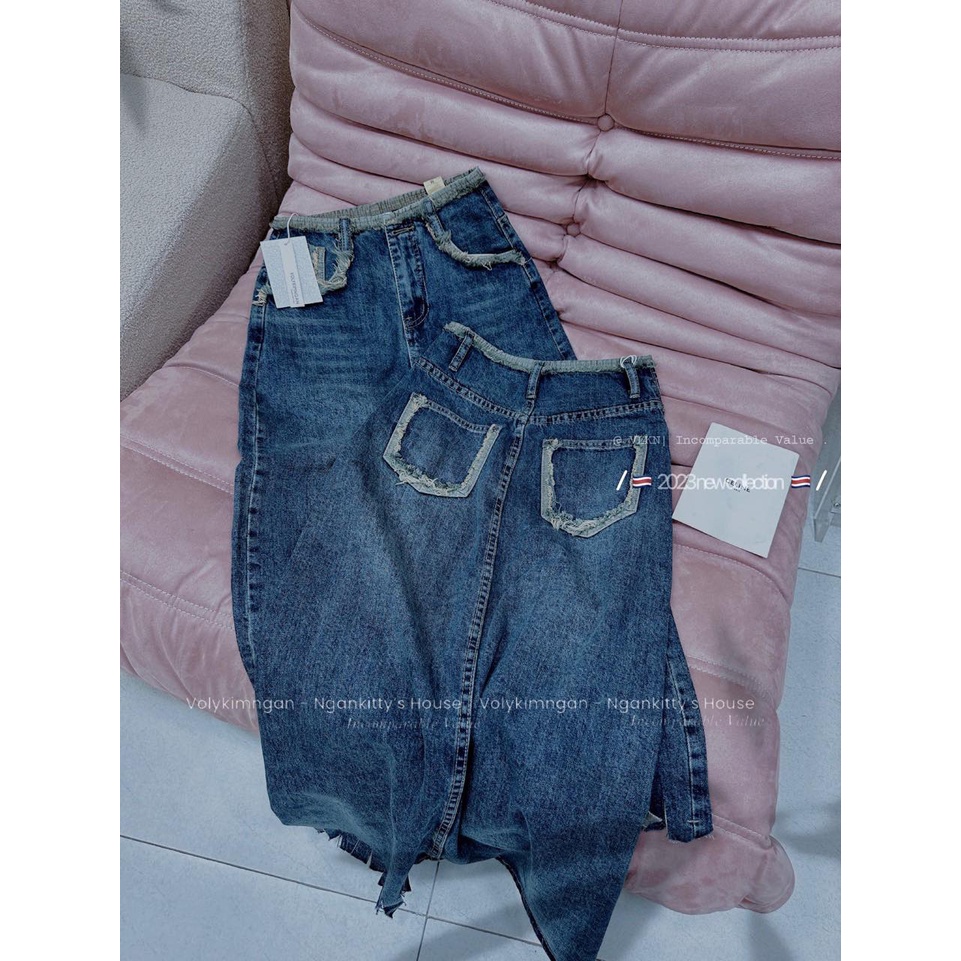 Chân váy jean dài xước