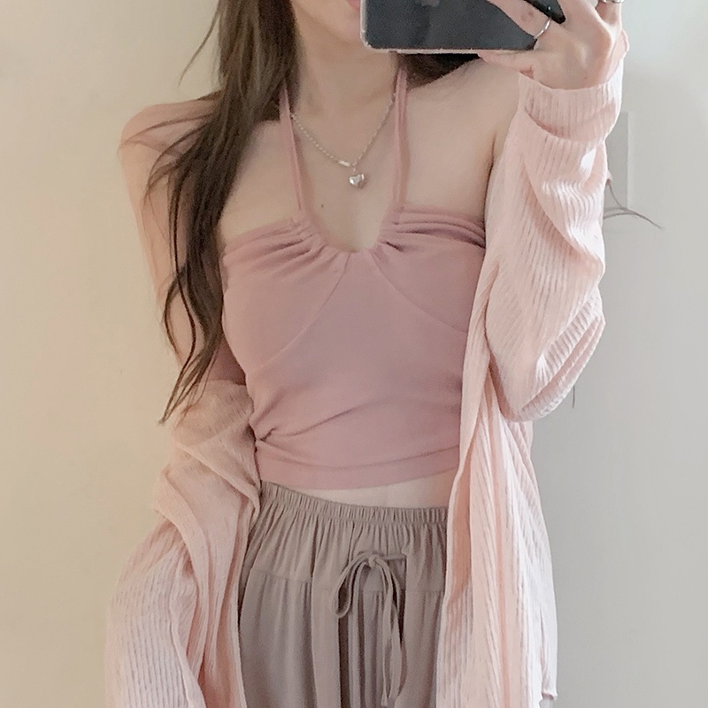 Neeeh Áo Hai Dây Ngắn Hở Lưng Màu Hồng Tinh Khiết Quyến Rũ Phong Cách Hong Kong Cho Nữ