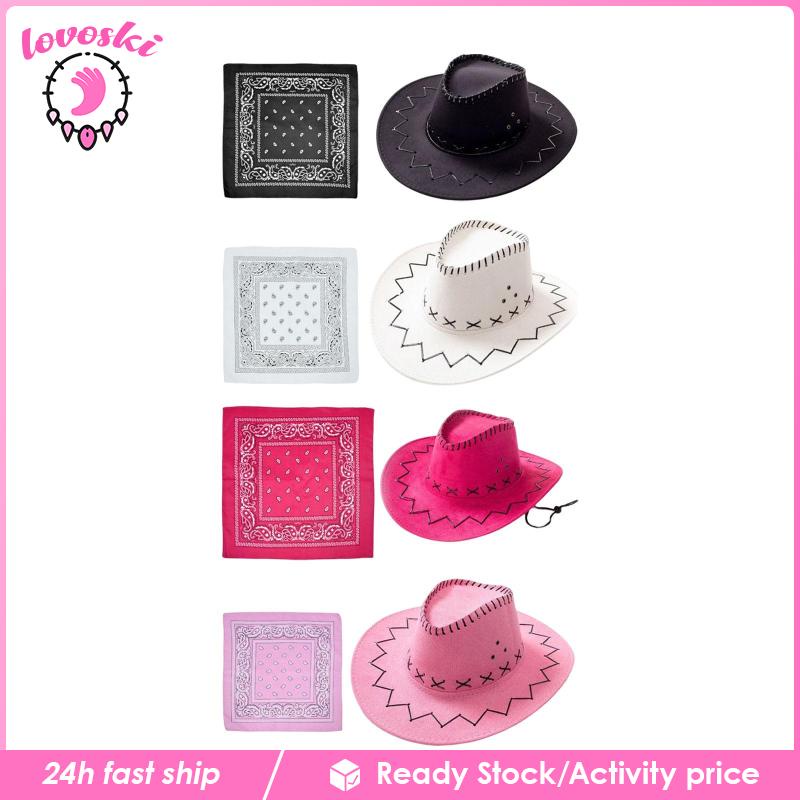 Mũ Cao Bồi Kèm Khăn Bandana Và Dây Buộc Màu Đen Cho Tiệc Tùng