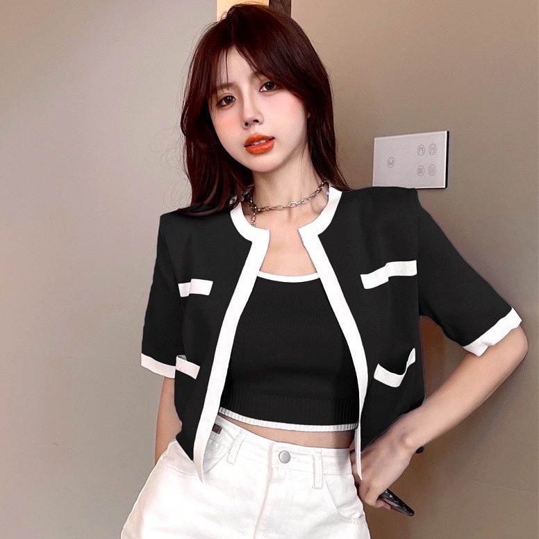 Áo Cặp Thun Gân Áo Ba Lỗ Viền Màu Kết Hợp Áo Khoác Ngoài Ngắn Tay TTSLA1192