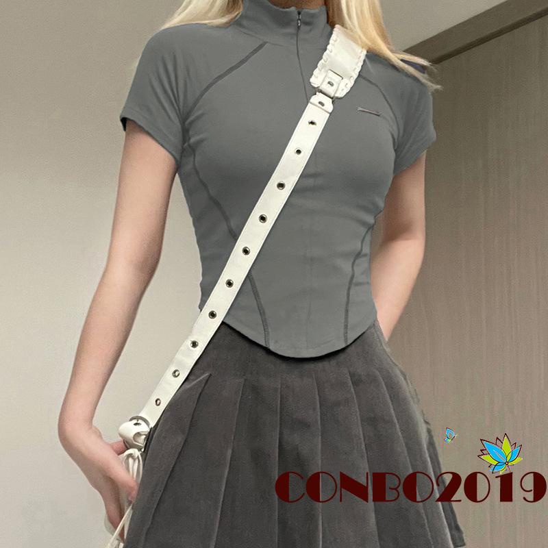 Áo Crop Top Tay Ngắn Cổ Đứng Phối Khóa Kéo Thời Trang Cho Nữ