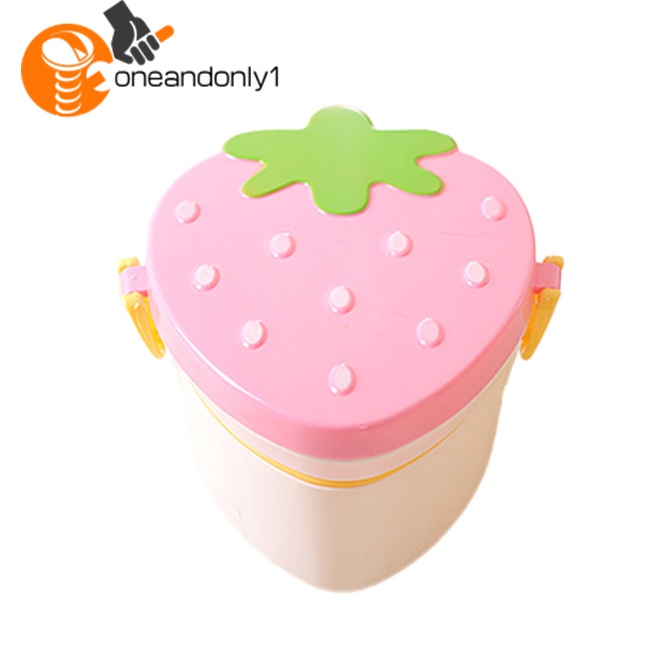 Hộp cơm 2 Tầng Cỡ Lớn Kèm Muỗng Nĩa Họa Tiết Dâu Tây Dễ Thương Cho Bé