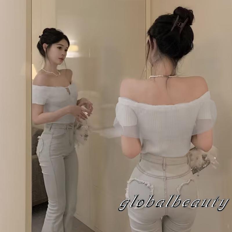 Áo Thun Tay Ngắn Hở Vai Màu Trơn Họa Tiết Hoa 3D Dành Cho Nữ